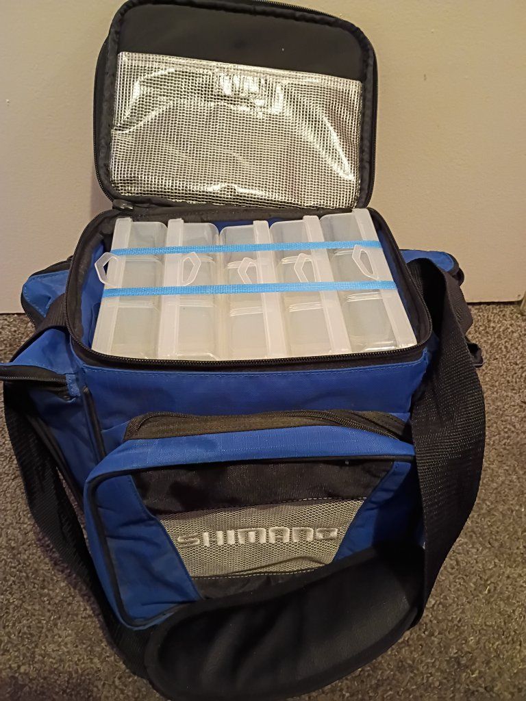 Shimano Fishing Tackle Bag with 5 Utility Tackle Boxes and Insulated Cooler **Brand New**