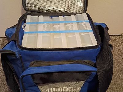 Shimano Fishing Tackle Bag with 5 Utility Tackle Boxes and Insulated Cooler **Brand New**