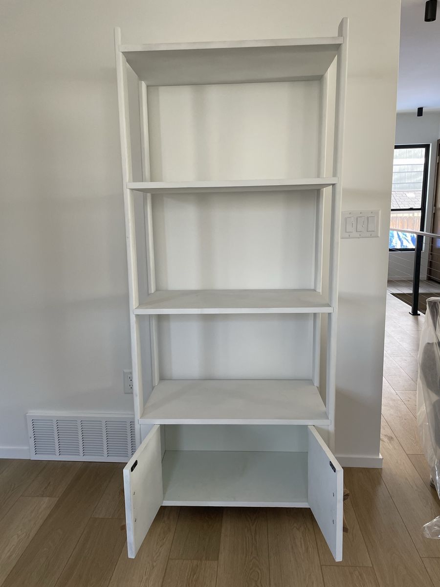 White Wood Ladder Bookshelf with Cabinet Storage - Modern 4-Tier Display Shelf