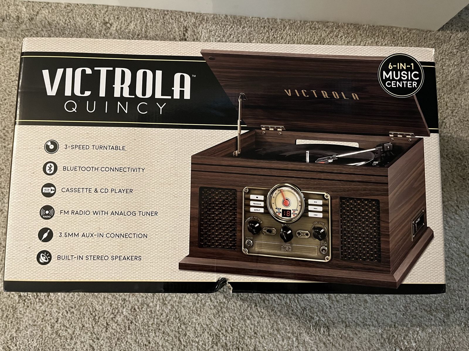 Victrola Quincy 6-in-1 Music Center - Bluetooth, 3-Speed Turntable, CD & Cassette Player, FM Radio