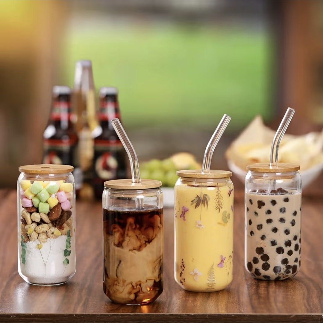 New Set of 4 Glass Tumblers Cups with Bamboo Lids and Glass Straws