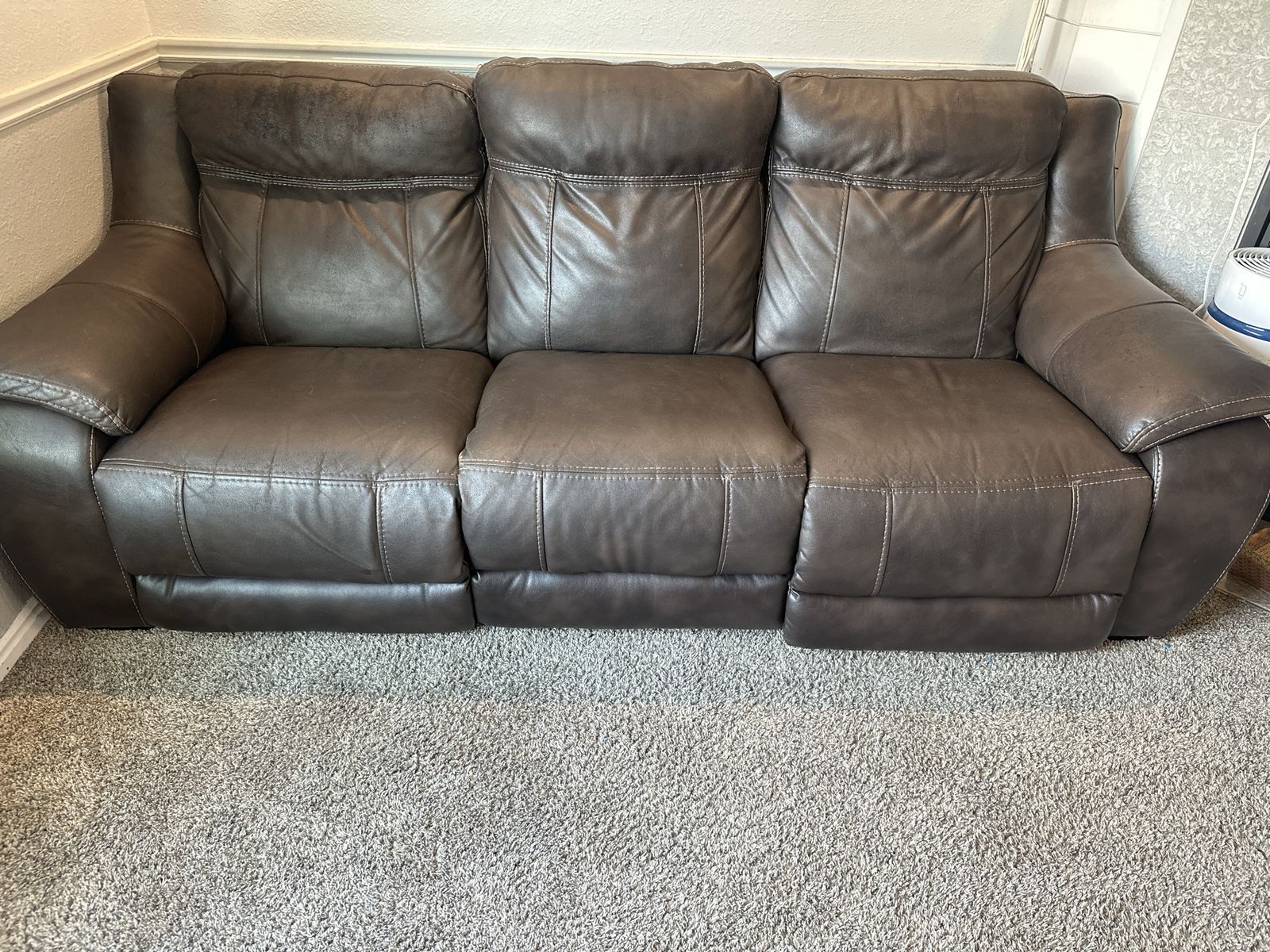 Dark Brown Leather/Vinyl Reclining Sofa Couch