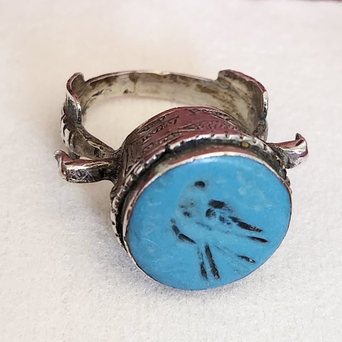 Vintage Sterling Silver Ring with Blue Turquoise Bird Carving, Etched Band, Tribal