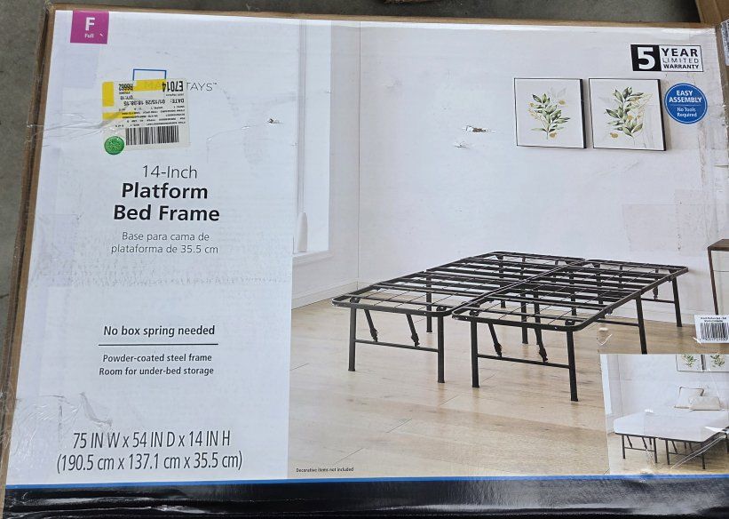 New Full Size Bed Frame. Mainstays 14" High Quad Fold Steel Platform Bed Frame, Under-Bed Storage 