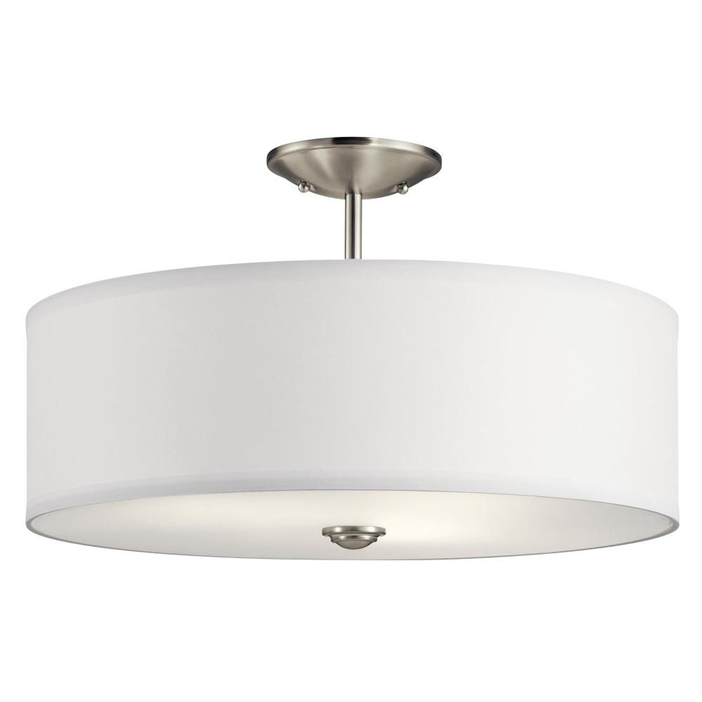 Modern 16” 3 Bulb Semi-Flush Mount – Nickel Finish w/ White Linen Shade