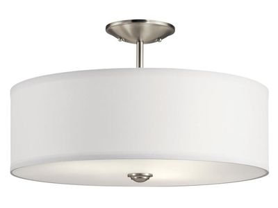Modern 16” 3 Bulb Semi-Flush Mount – Nickel Finish w/ White Linen Shade