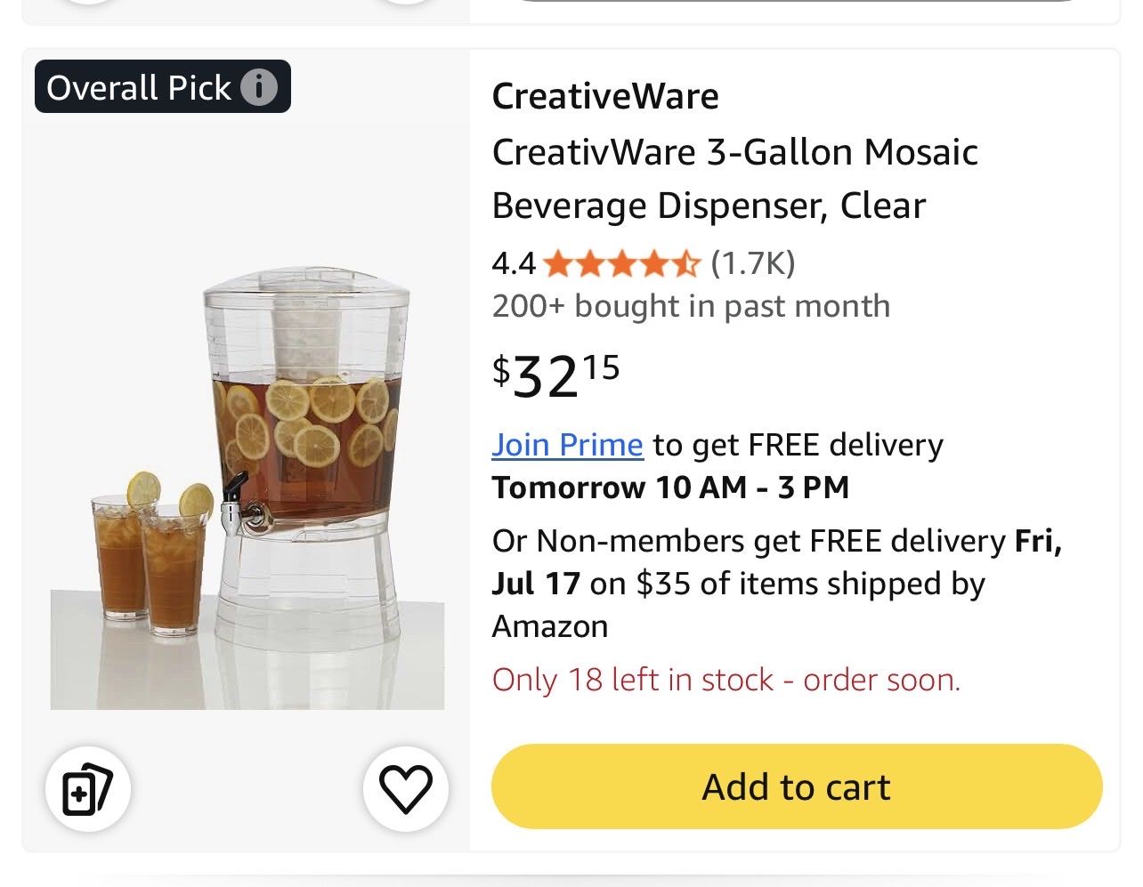 CreativeWare 3-Gallon Beverage Dispenser, with Removable Ice Core
