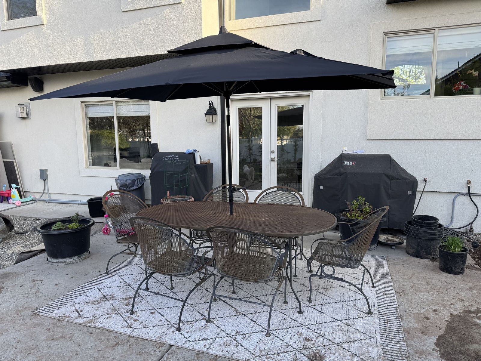 Outdoor Steel Patio Table & 6 Chairs set w/ Rectangular Umbrella