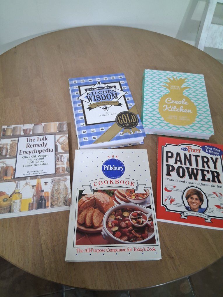 5 Used Cookbook & Home Remedy Books: Pillsbury, Creole Kitchen, Pantry Power, Kitchen Wisdom, Folk Remedy $5 each