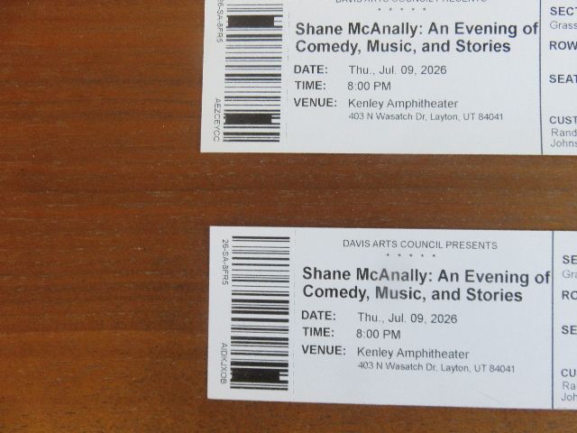 PAIR OF SHANE MCANALLY GRASS SEATING TICKETS FOR TONIGHTS (JULY 9TH) PERFORMANCE AT THE KENLEY AMPHITHEATER  - $10.00 PER TICKET