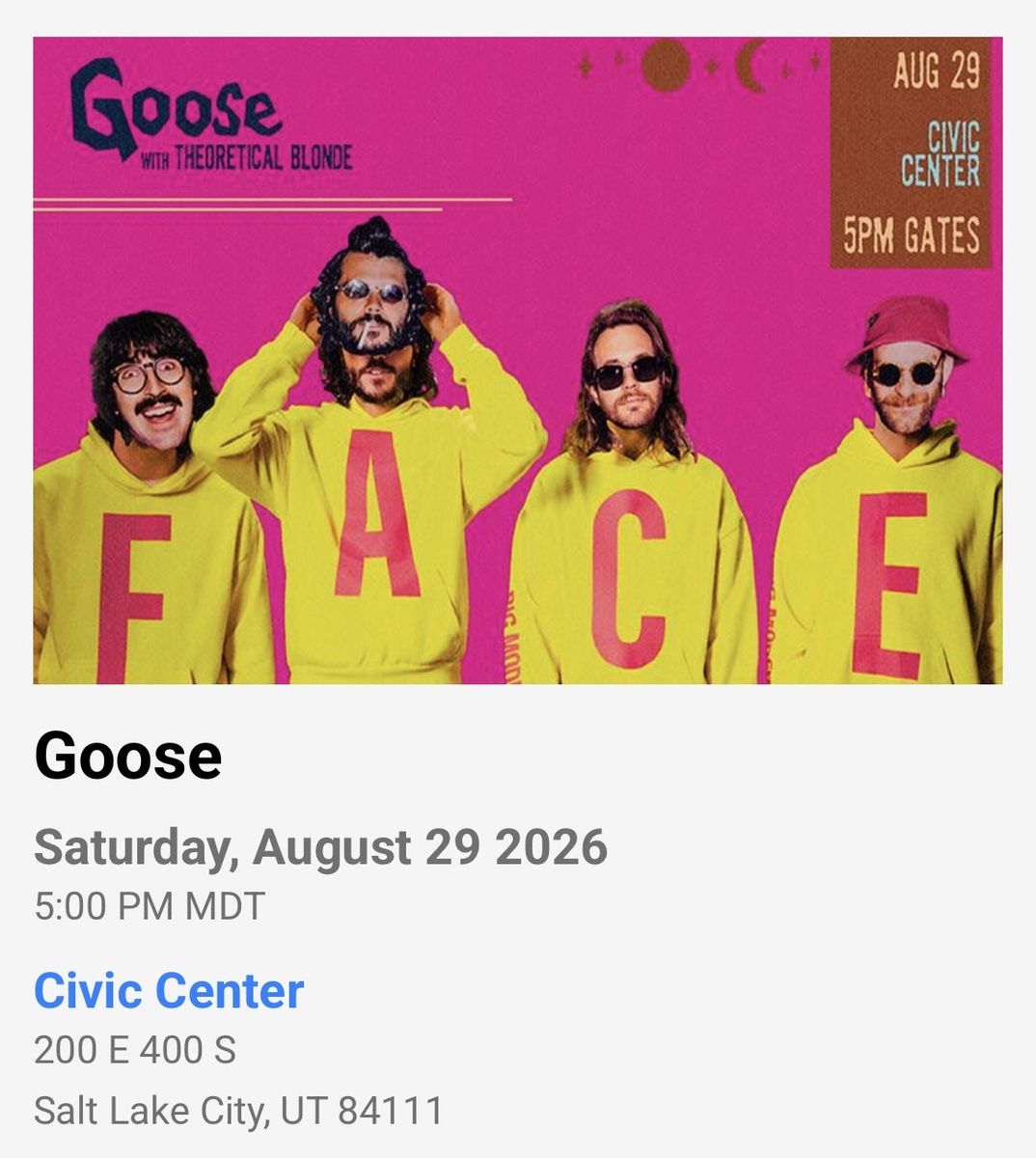 Goose Ticket with Theoretical Blonde - August 29 - Salt Lake City