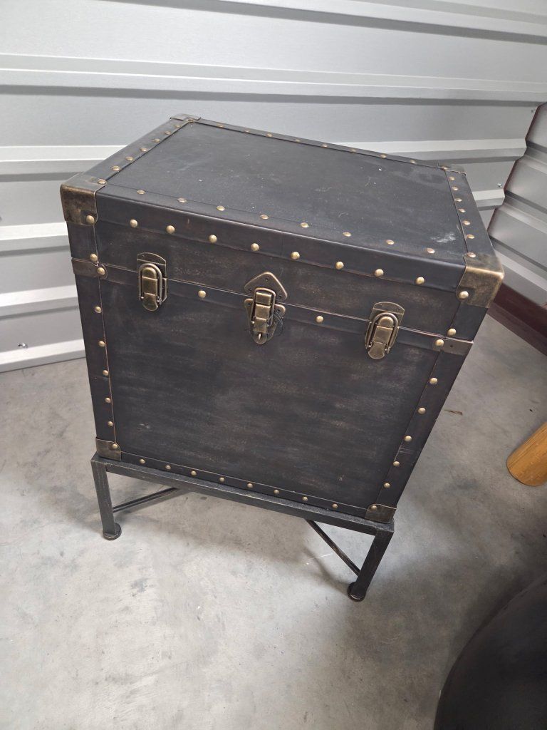 Industrial Style Black Storage Trunk End Table with Metal Stand & Studded Accents