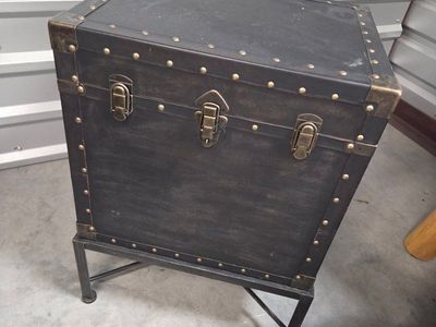 Industrial Style Black Storage Trunk End Table with Metal Stand & Studded Accents