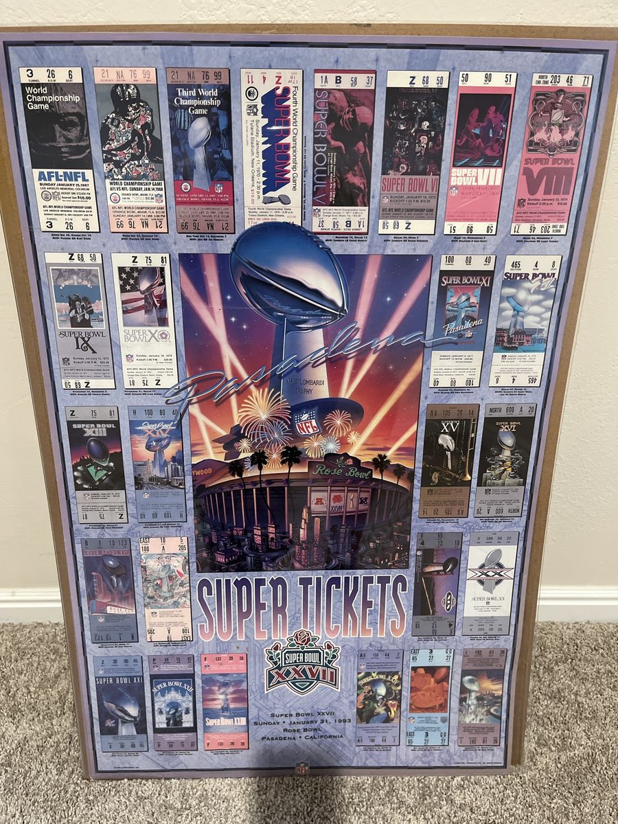 Vintage 1993 Super Bowl XXVII "Super Tickets" NFL Football Framed Poster Rose Bowl Pasadena
