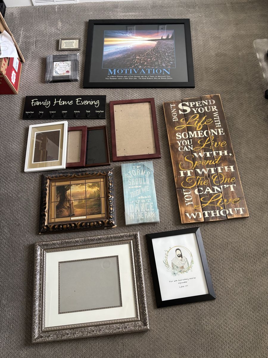 Assorted Picture Frames & Wall Decor Lot - Framed Prints, Wooden Signs, Motivational Art