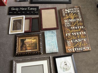 Assorted Picture Frames & Wall Decor Lot - Framed Prints, Wooden Signs, Motivational Art