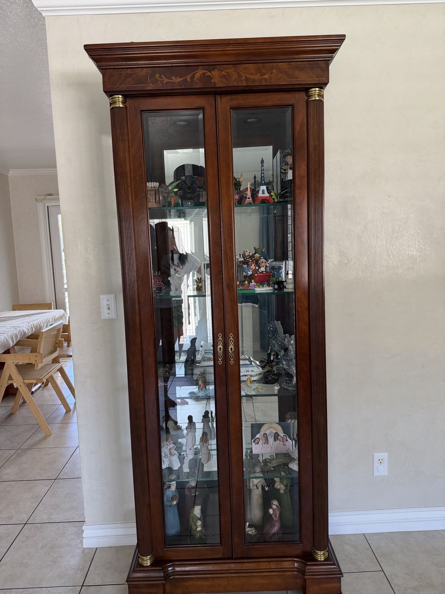 Traditional Wood Curio Cabinet with Glass Doors and Shelves with lock 