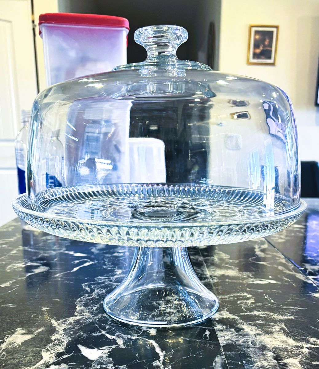 Vintage Clear Glass Pedestal Cake Stand with Dome Lid