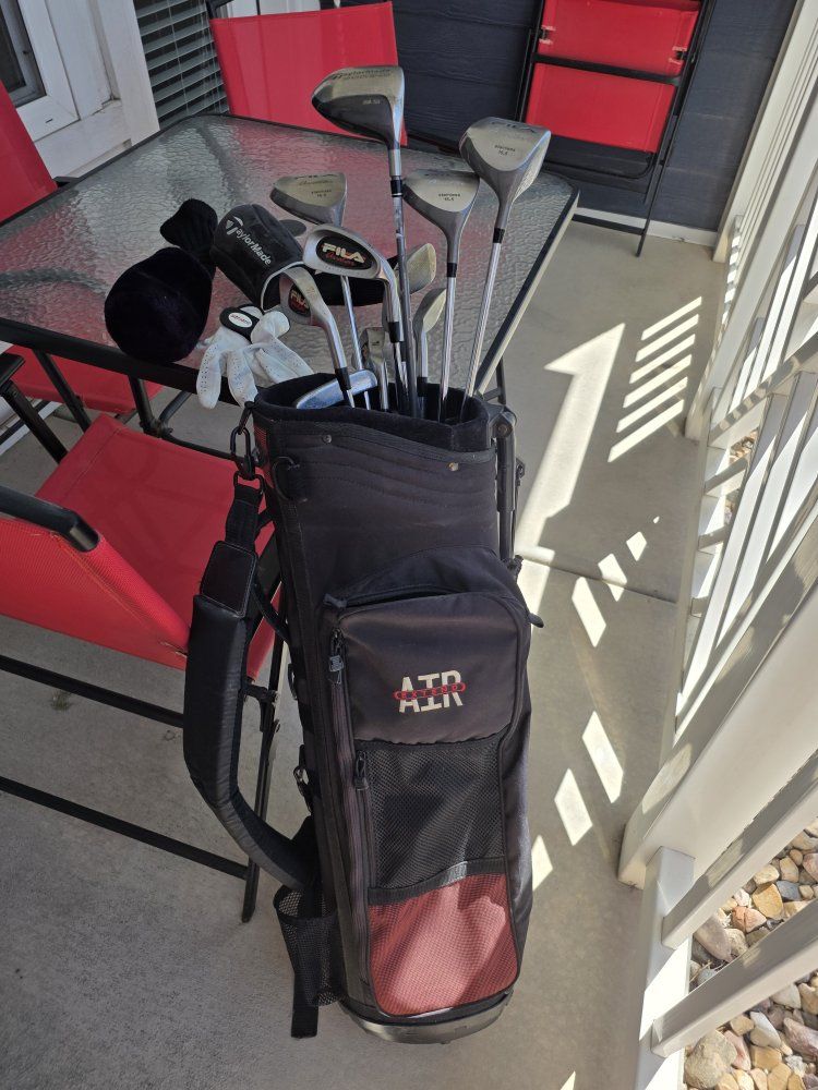 TaylorMade 200 Steel 9.5 Driver & Fila Avatar Golf Club Set w/ Air Trek Bag & kirkland Glove, Taylor Made head cover, used balls