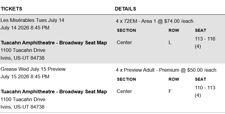 Tuacahn Tickets to Grease and Les Miserables