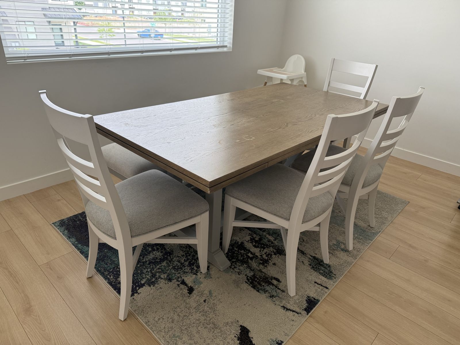 Modern Farmhouse Extendable Dining Table Set w/ 4 Chairs & Bench - Seats 6-8 - Light Wood/White
