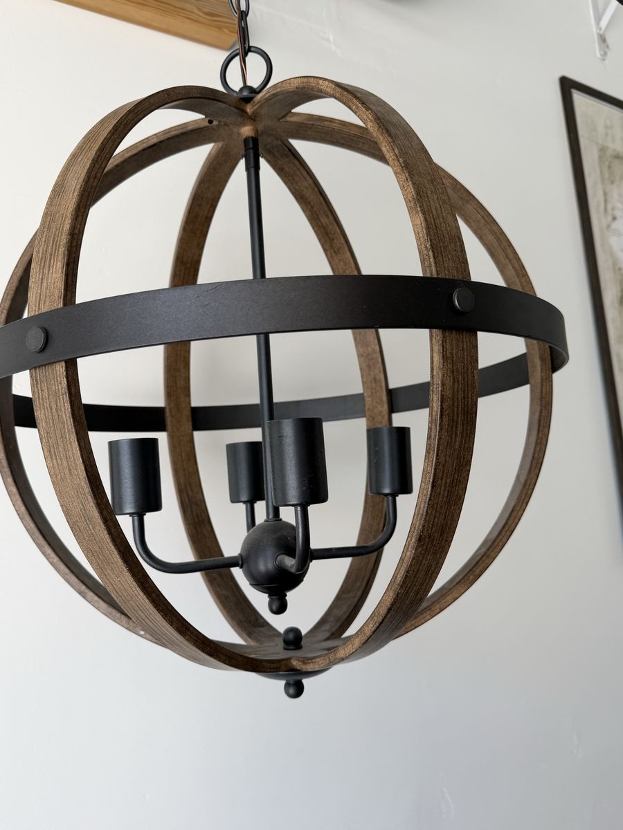 Rustic Farmhouse Globe orb Pendant Light Fixture Wood & Black Metal 4-Light Chandelier