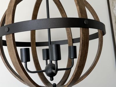 Rustic Farmhouse Globe orb Pendant Light Fixture Wood & Black Metal 4-Light Chandelier