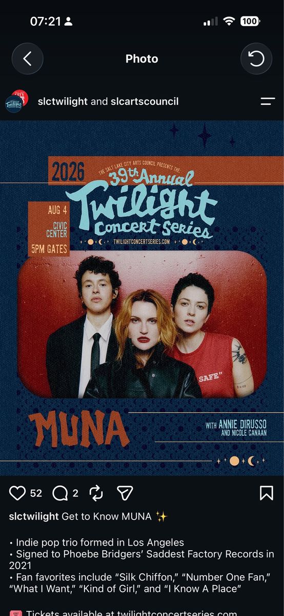 1x MUNA Ticket - SLC Twilight Concert Series (Instant Transfer)