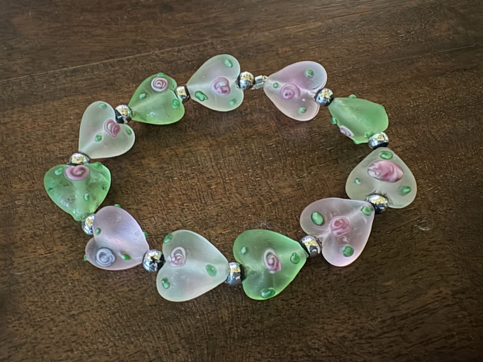 Vintage Matte Glass Heart Beaded Elastic Bracelet