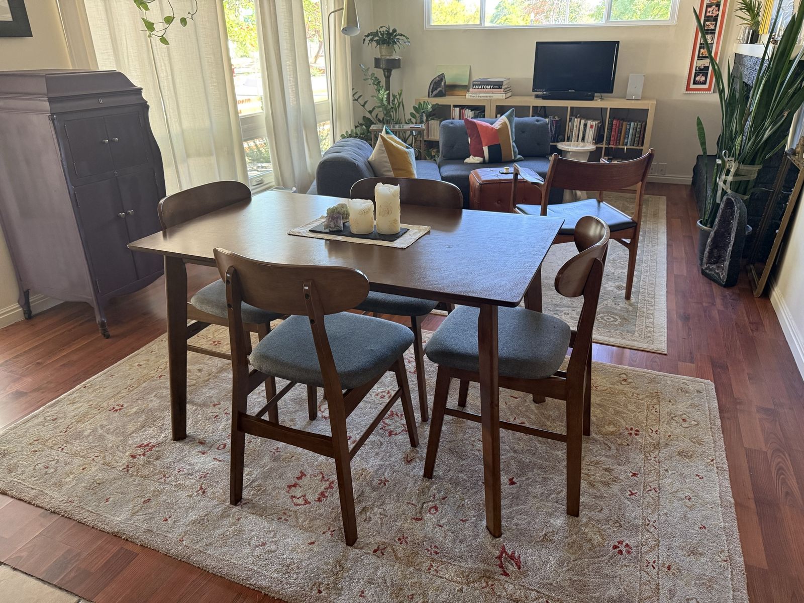 Mid-Century Modern Wooden Dining Table with 4 Gray Upholstered Chairs