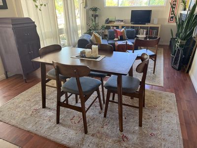 Mid-Century Modern Wooden Dining Table with 4 Gray Upholstered Chairs