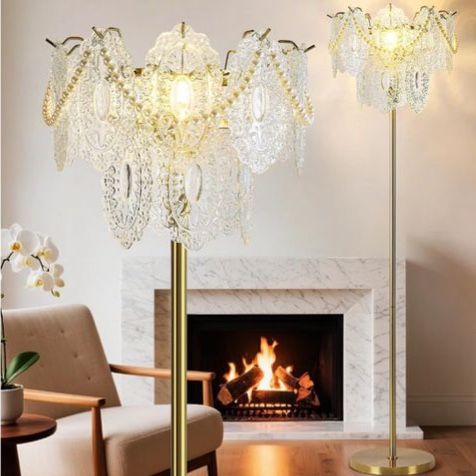 63” Gold Glass Floor Lamp with Pearl Decoration - 1pk