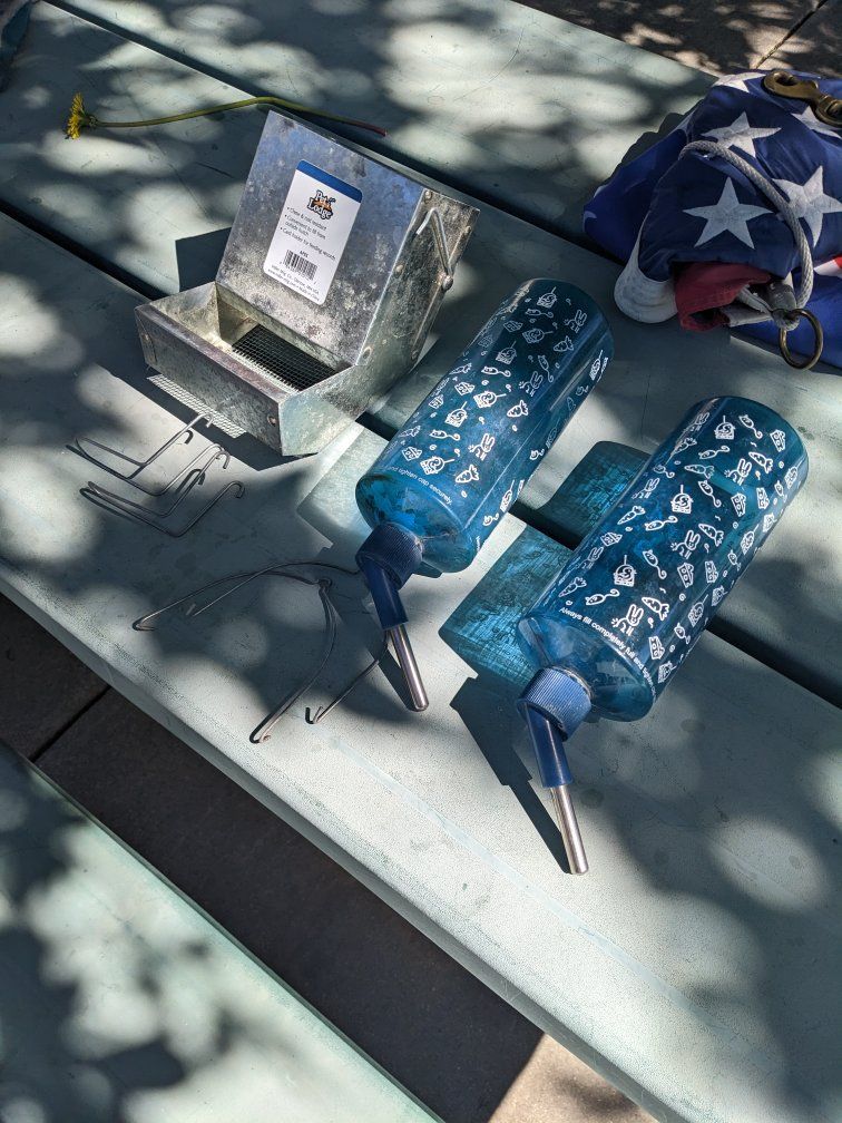 Pet Lodge Small Animal Feeder & Water Bottle Set - Galvanized Metal Feeder, 2 Blue Water Bottles