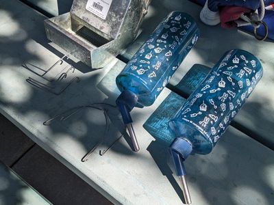 Pet Lodge Small Animal Feeder & Water Bottle Set - Galvanized Metal Feeder, 2 Blue Water Bottles