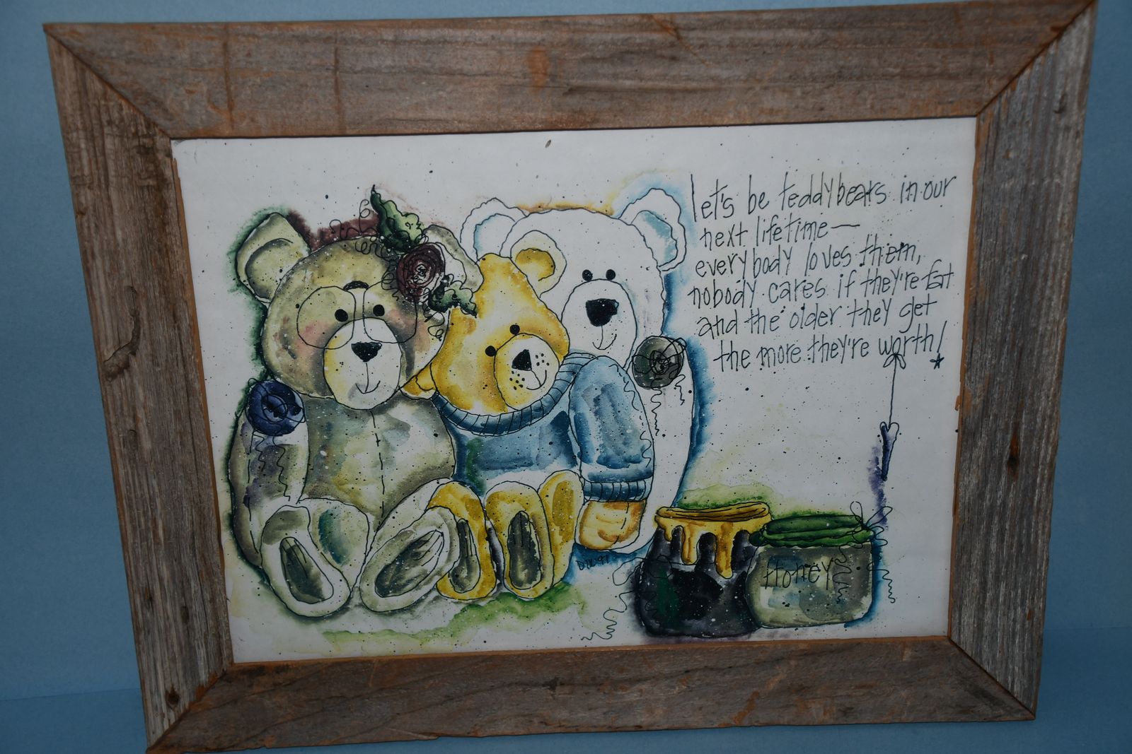 CUTE VINTAGE "TEDDY BEAR" PICTURE with BARN WOOD FRAME ~ 14" x 18" FRAMED