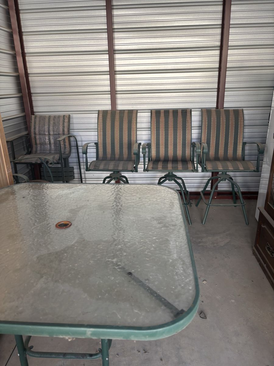Patio Table with 4 Swivel Chairs - Green Metal Frame, Striped Fabric, Outdoor Dining Set