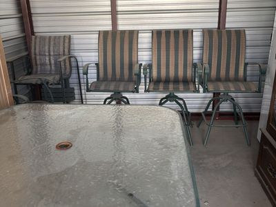 Patio Table with 4 Swivel Chairs - Green Metal Frame, Striped Fabric, Outdoor Dining Set