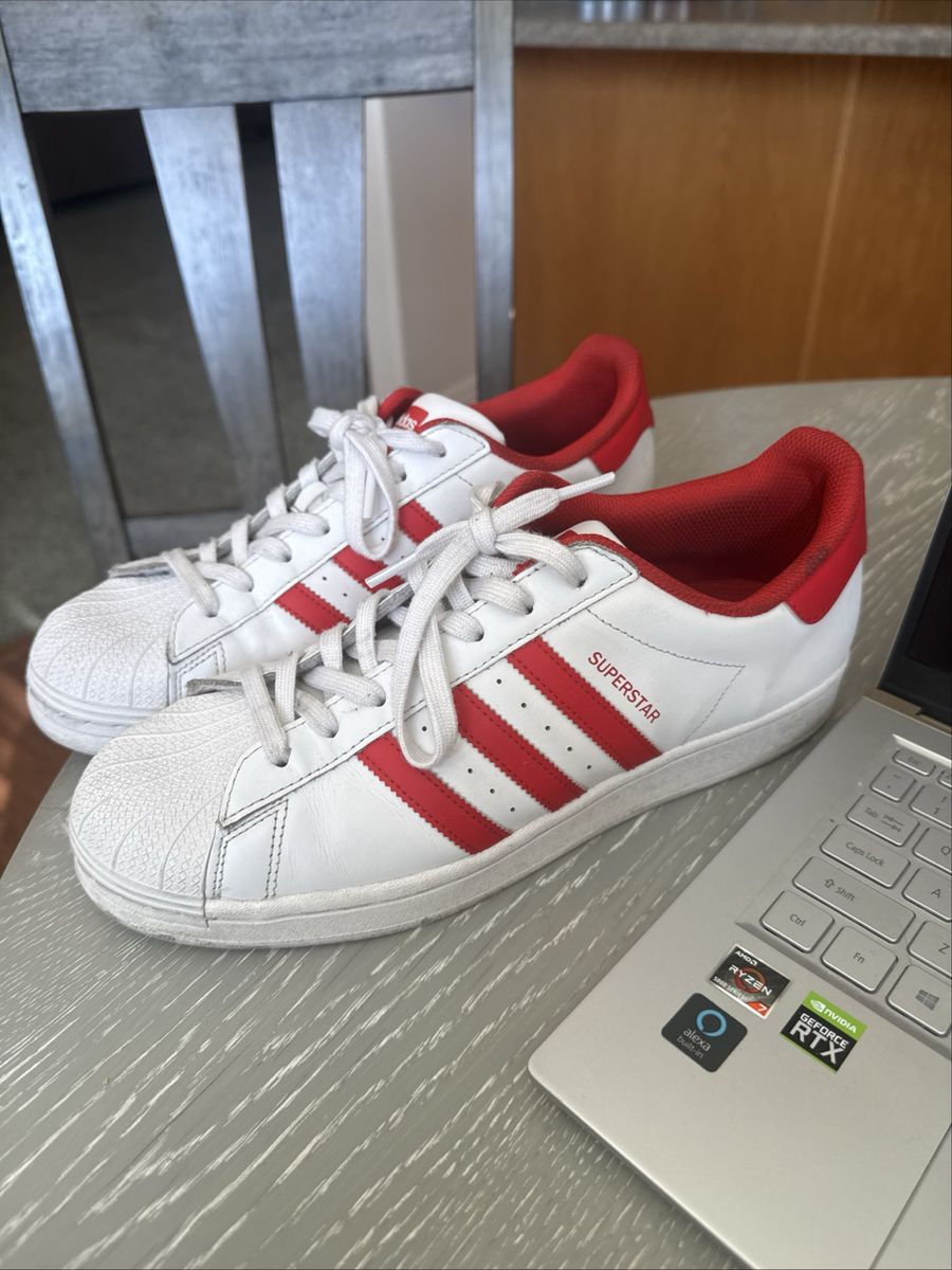 Adidas Superstar White/Red Stripe Sneakers - Men's Size 10.5, Classic Shell Toe Design