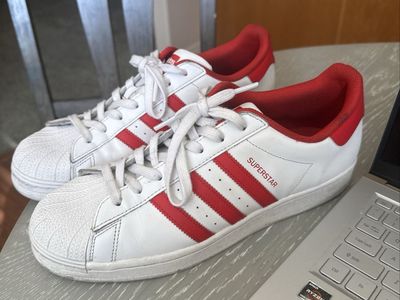 Adidas Superstar White/Red Stripe Sneakers - Men's Size 10.5, Classic Shell Toe Design