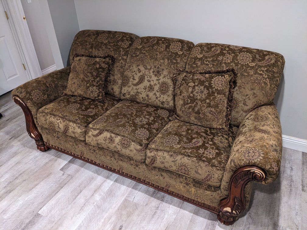 Traditional Three-Seater Sofa - Floral Brocade Upholstery, Wood Trim