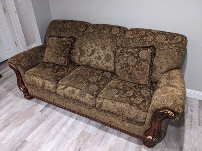Traditional Three-Seater Couch - Floral Brocade Upholstery, Wood Trim