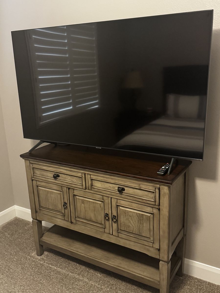 Distressed neutral color small TV stand or hallway stand