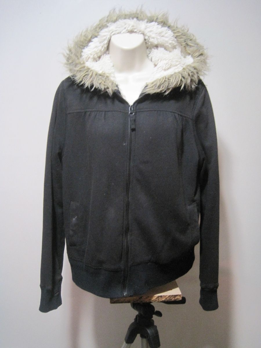 OP WOMEN'S SIZE XL (15-17) BLACK SHERPA HOODIE FAUX FUR ZIP CLOSURE THUMB HOLE