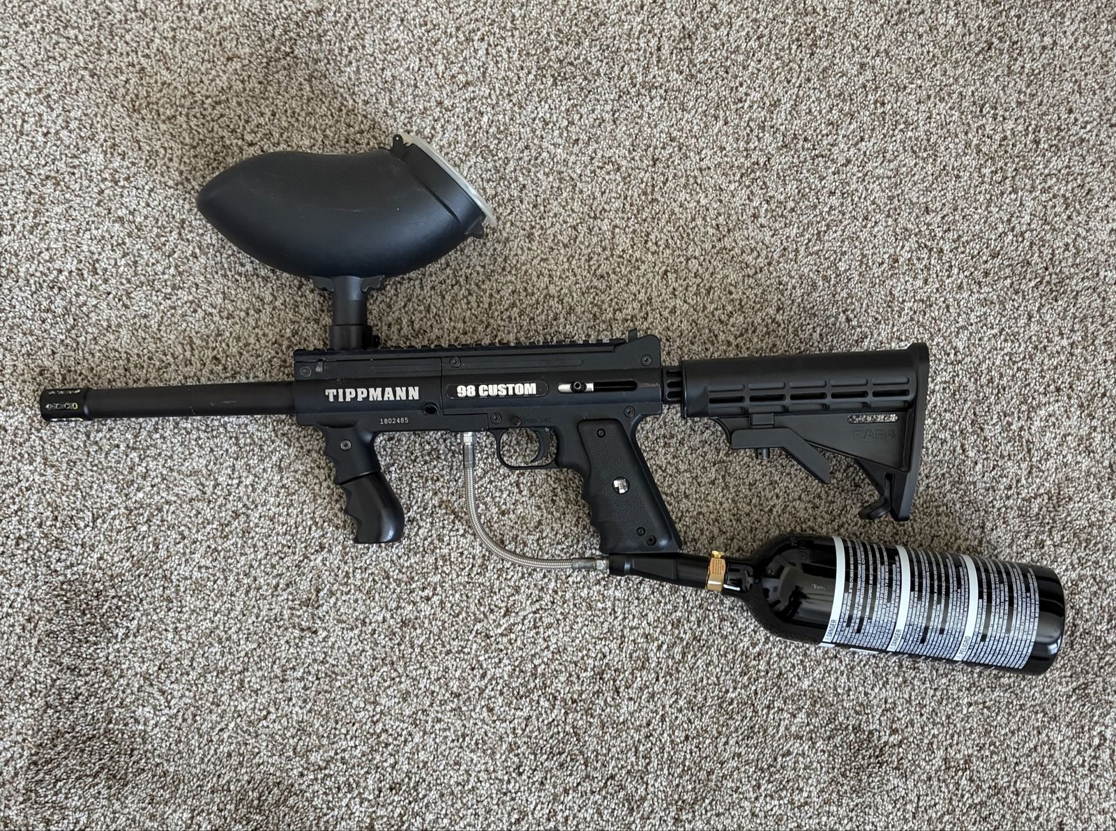 Tippmann 98 Custom Paintball Marker Package with Stock, CO2 Tanks, Mask, and Hopper