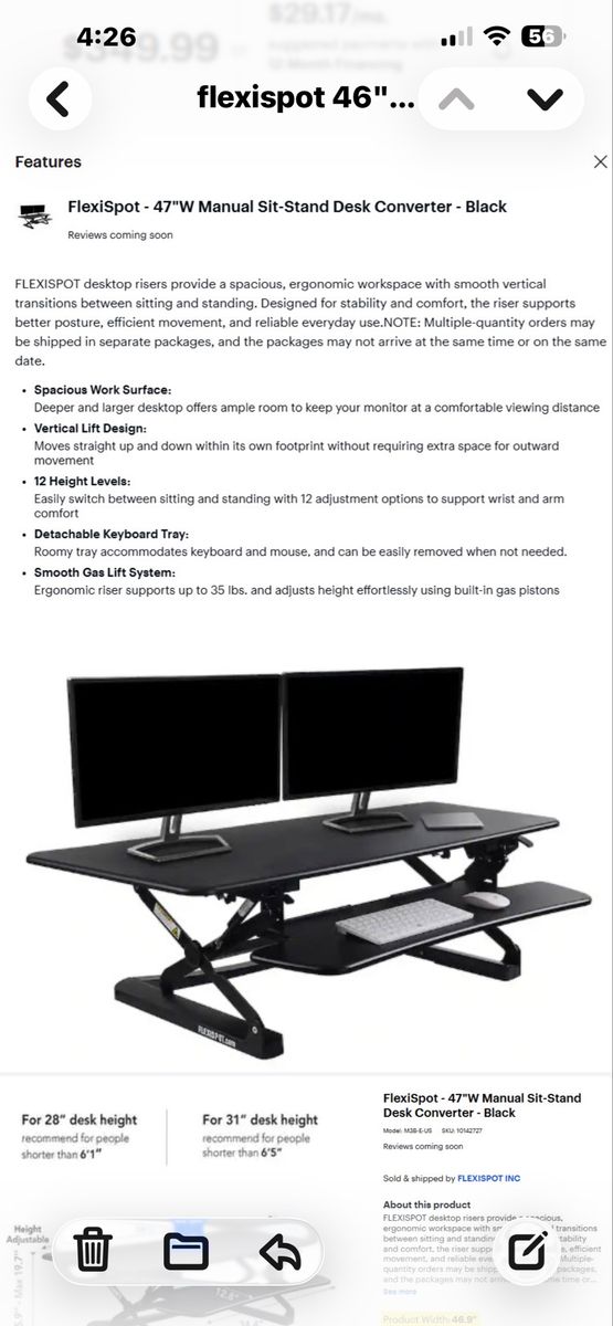 FlexiSpot 47" Manual Sit-Stand Desk Converter Riser - Black