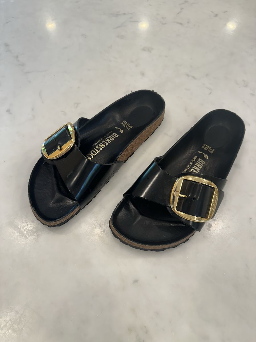 Birkenstock Madrid Big Buckle Sandals - Black Patent Leather, Gold Buckle, Women's EU 37 (US 6-7)