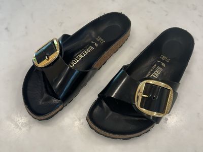 Birkenstock Madrid Big Buckle Sandals - Black Patent Leather, Gold Buckle, Women's EU 37 (US 6-7)