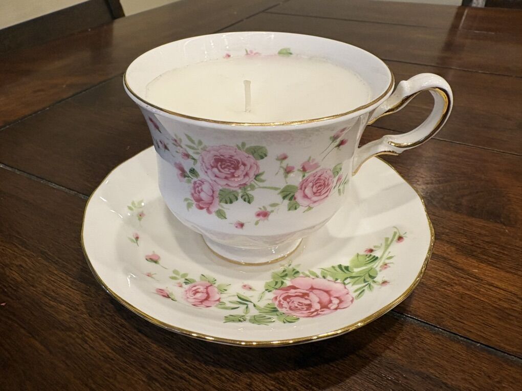 Candle In A Vintage Teacup W/ Saucer Pink Roses
