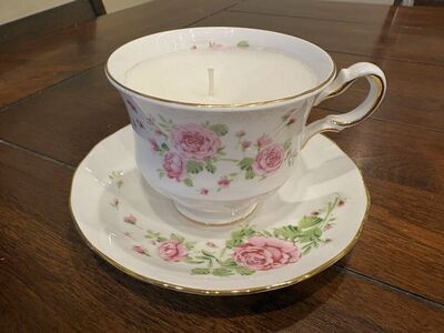 Candle In A Vintage Teacup W/ Saucer Pink Roses