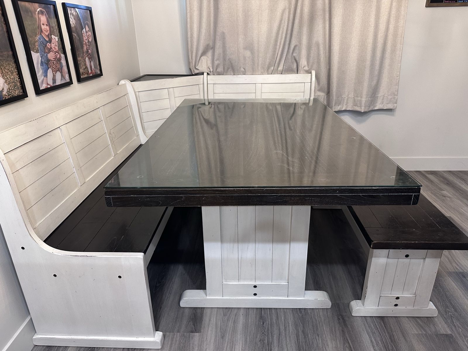 Corner Breakfast Nook Dining Table Set w/ Storage Benches - Rustic White & Dark Wood Finish, Glass Top